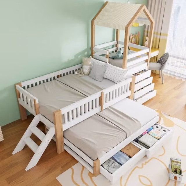Letto a castello MIVRAY per bambini in legno bianco e naturale con scala e letto estraibile L/P/H: 190 x 90 x 173,7 cm