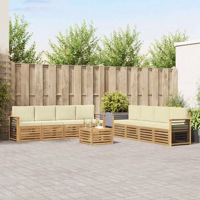 Set di divani da esterno vidaXL in legno di acacia con tavolino e cuscini, Bianco e Beige – 1