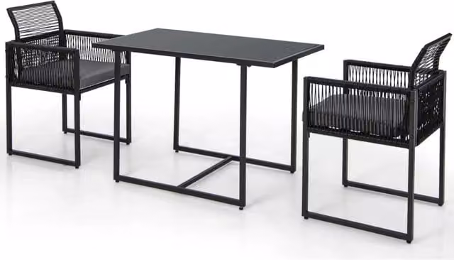 Set da pranzo moderno composto da 3 sedie e 1 tavolo rettangolare in rattan PE e vetro, colore nero e grigio, L/P/H: 108 x 60 x 72 cm