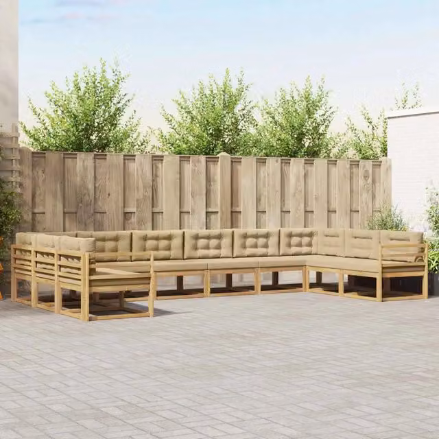 Set di divani da esterno vidaXL a forma di U in legno di acacia con cuscini, Bianco e Beige