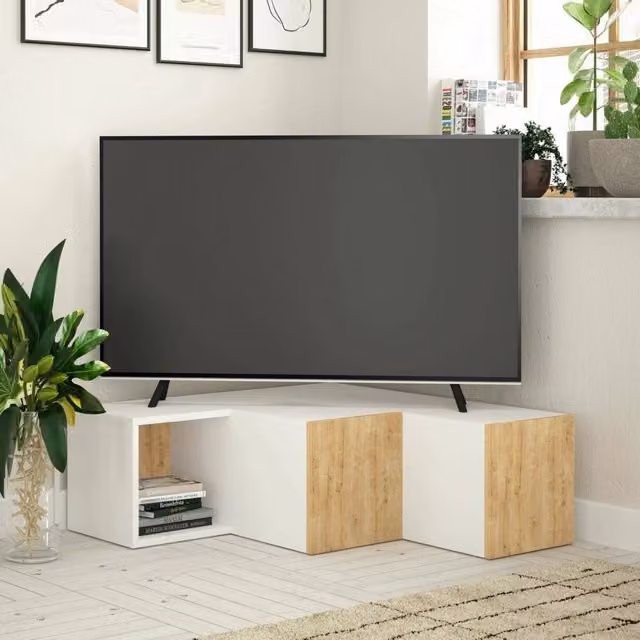 Mobile porta TV Malachie DMORA in legno bianco e marrone con un ripiano, design moderno da parete, L: 90 cm, H: 92 cm, P: 32 cm – 1