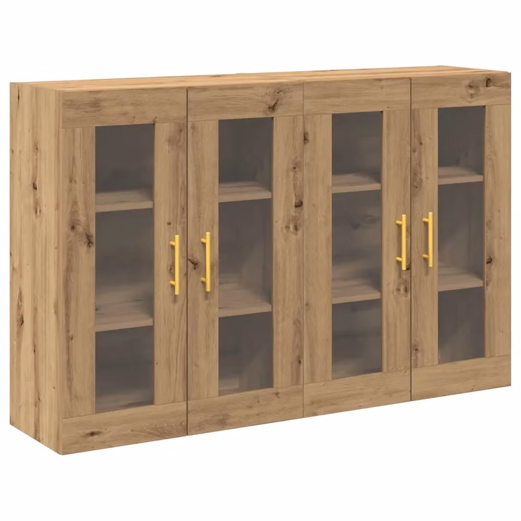 Set di 2 armadi da parete moderni vidaXL in legno rovere e vetro con ante in vetro, colore marrone, L: 69,5 cm, P: 34,0 cm, H: 90,0 cm