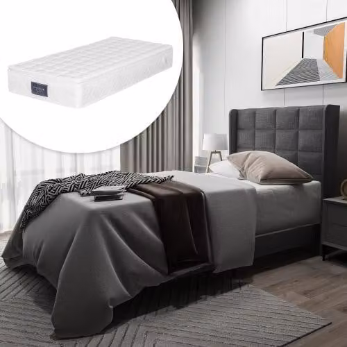 Letto imbottito 90x200 cm, grigio, rivestito in lino, con rete a listelli e materasso a molle insacchettate H3, con testiera imbottita, ideale per la camera da letto