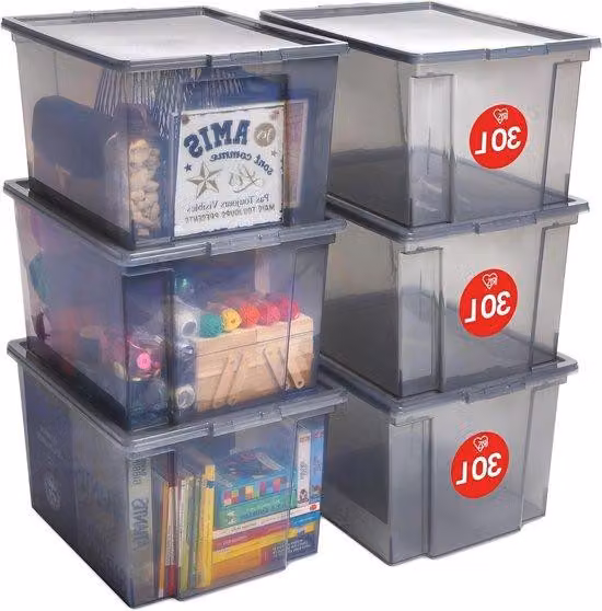 Contenitori impilabili da 30 litri, grigi, con coperchio