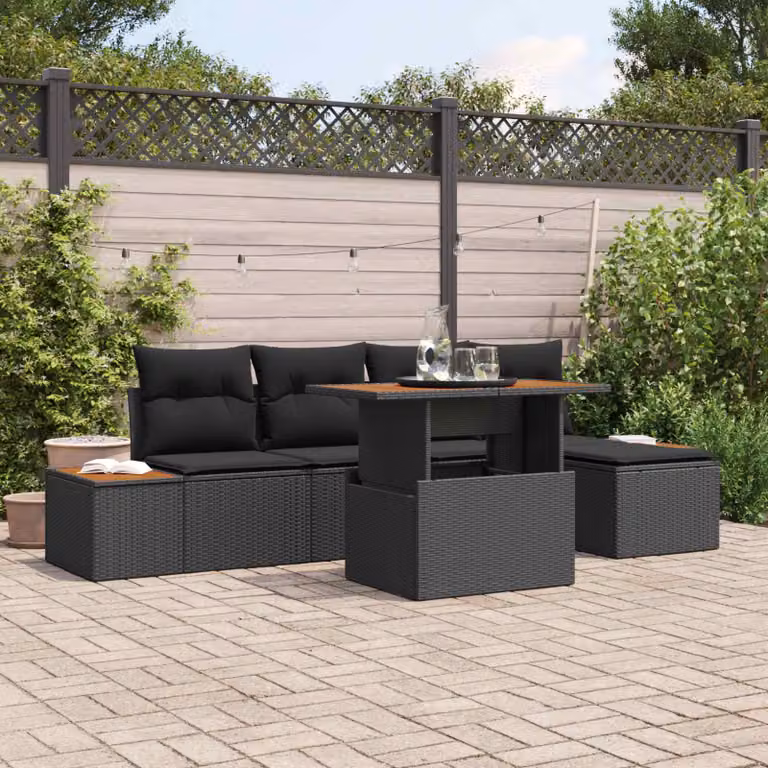 Set Divano da Giardino vidaXL 6 Pezzi in Polyrattan Nero con Cuscini e Contenitore per Archiviazione
