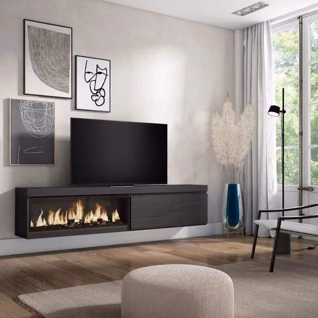 Mobile TV Soggiorno, 208x35x45cm, Per TV fino a 80", Camino elettrico XXL, da appendere, Nero RF3261
