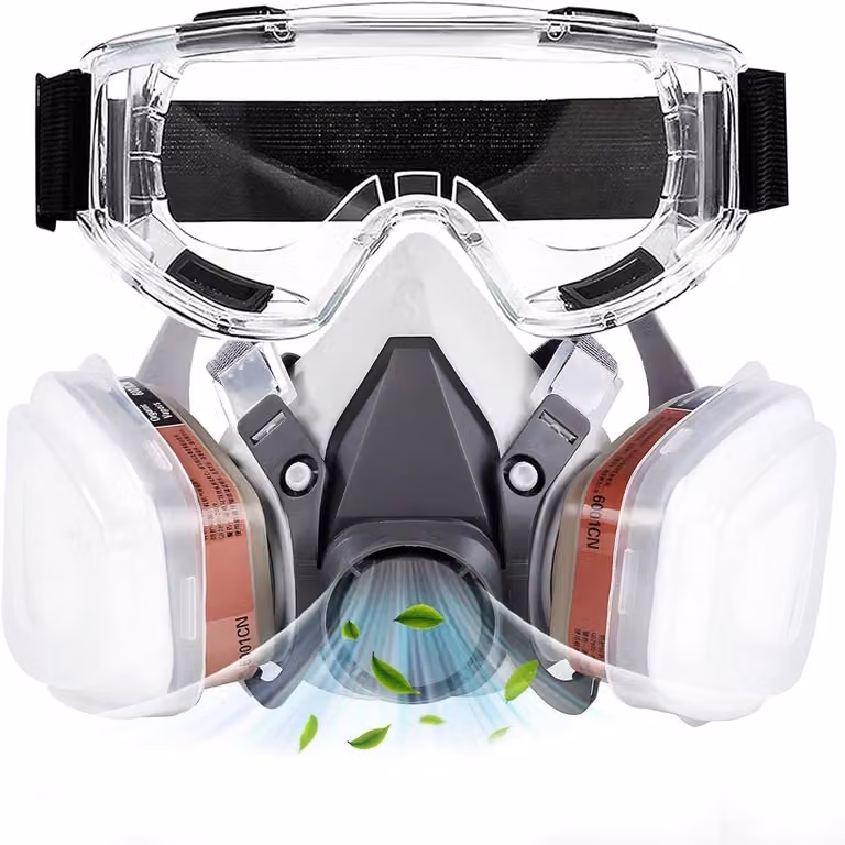 Omgoods - Mascherina riutilizzabile per la protezione respiratoria - Mascherina in tessuto con filtro - Protezione per le orecchie - Occhiali di sicurezza - Efficace contro i gas - Protezione contro le sostanze chimiche
