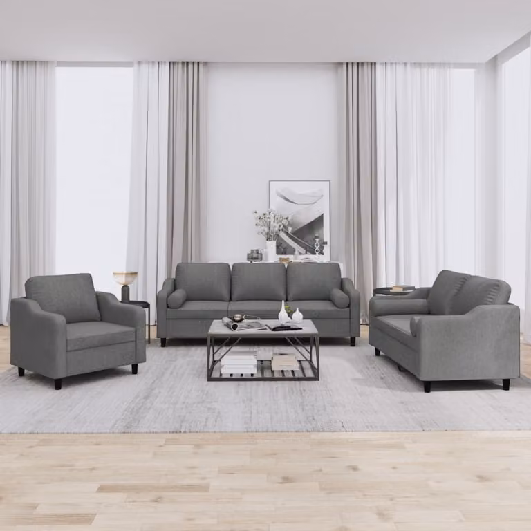 Set di divani vidaXL da 3 pezzi in tessuto grigio con cuscini per soggiorno moderno
