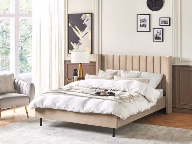 Letto matrimoniale Beliani in velluto beige con doghe stile moderno L/P/H: 222 x 140 x 115 cm – 1