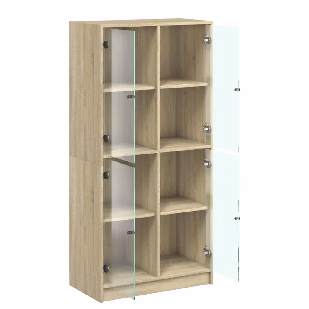 Buffet credenza moderna con ante in legno e vetro per cucina e soggiorno, colore marrone e beige, L: 142 cm, H: 76 cm, P: 37 cm – 2