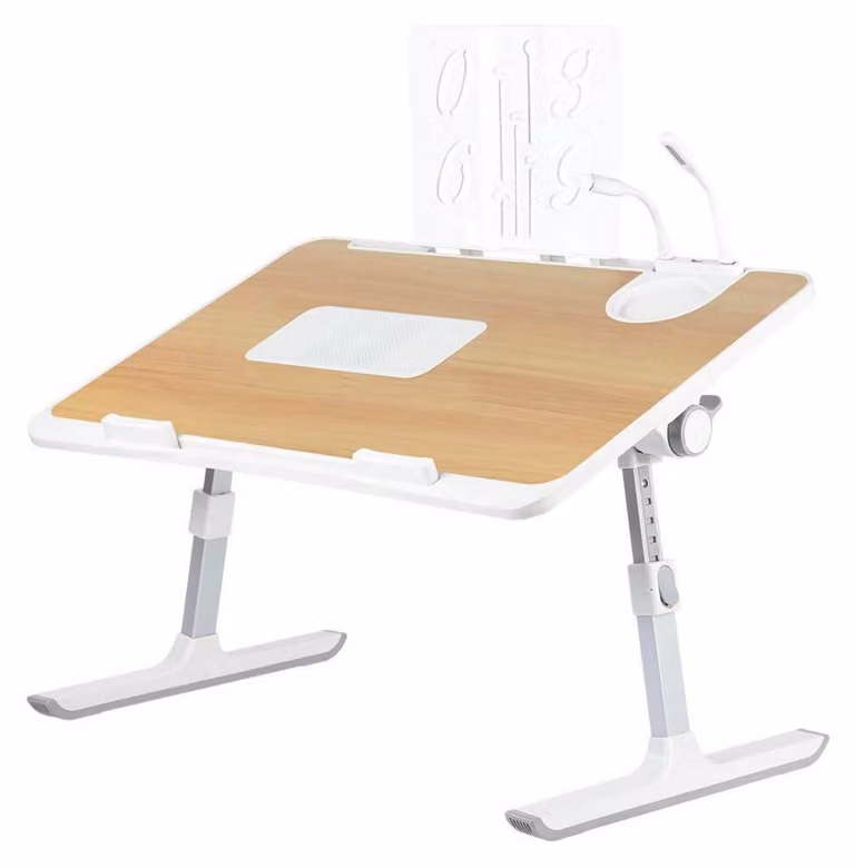 Tavolino per laptop, regolabile in altezza, pieghevole, con ventola di raffreddamento, porte USB, cassetto, dimensioni 60 x 40 x 26-39 cm, colore noce