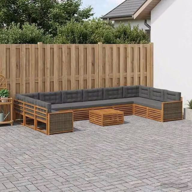 Set di divani da giardino a forma di U vidaXL in legno di acacia massello con cuscini, 11 pezzi, marrone e grigio