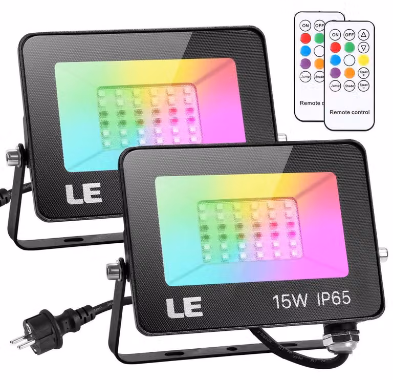 Set di 2 faretti LED da 15W RGB, grado di protezione IP65, dimmerabili, con cambio colore e controllo remoto