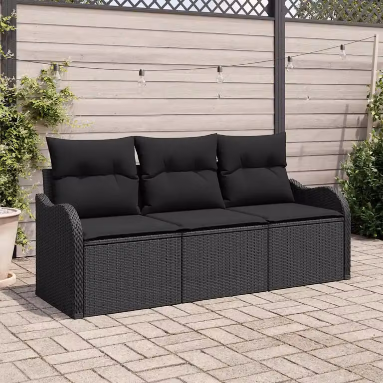 Set Divano da Giardino vidaXL 3 Pezzi Nero con Cuscini e Tavolino in Polyrattan e Metallo
