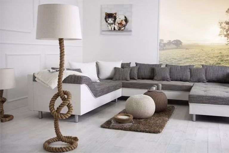 Lampada da terra "Casa Padrino" modello "Designer", colore blu navy, con cavo a corda – Lampada da terra in stile nautico – colore crema naturale – altezza 160 cm