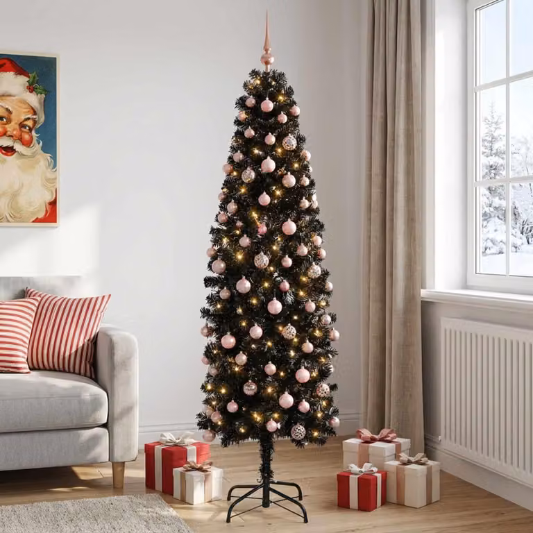 Albero di Natale artificiale, sottile, con decorazioni a forma di pallina, altezza 180 cm