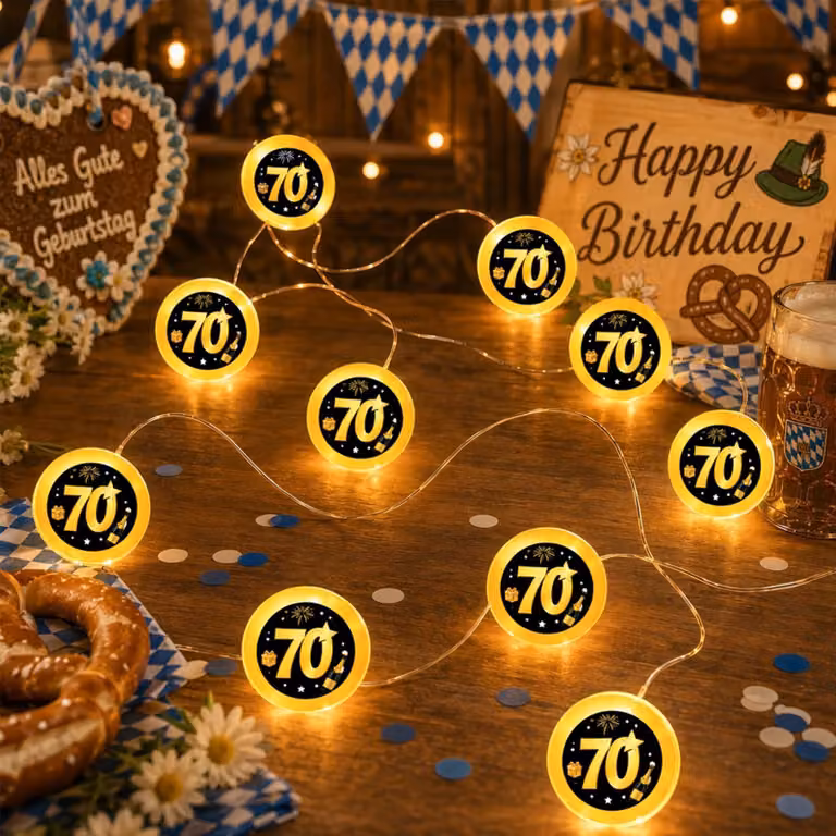 Catena luminosa per il 70° compleanno, 2 metri, 20 LED bianco caldo, colore nero e oro