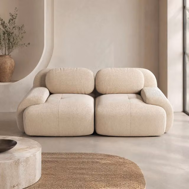 Divano angolare modulare senza struttura in tessuto corduroy beige