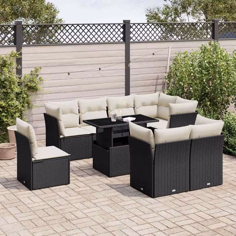 Set di divani da giardino vidaXL 9 pezzi con cuscini e tavolino, design moderno a L in rattan e metallo nero e bianco