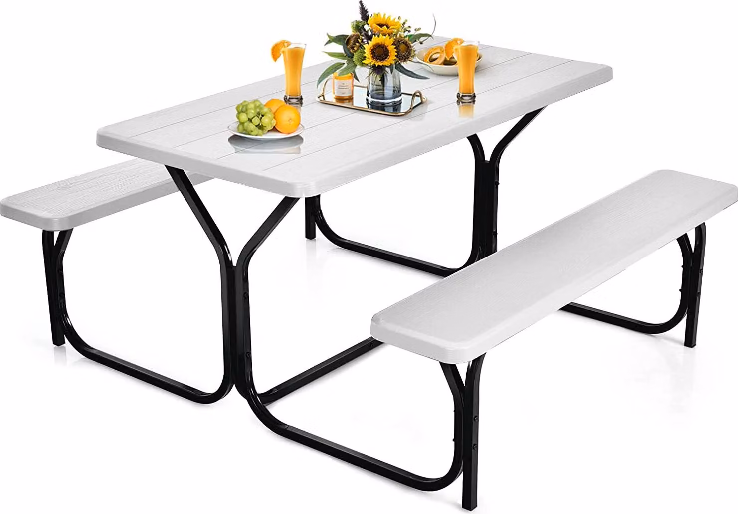 Set tenda da birra COSTWAY, tavolo da picnic e 2 panche con struttura in metallo, set tavolo da campeggio, set tenda per patio, giardino, piscina, 137 x 150 x 72 cm (bianco)