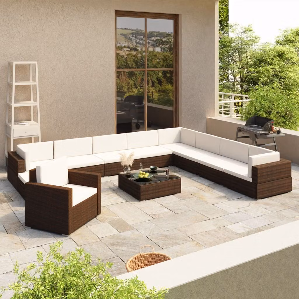 The Living Store Set salotto da giardino 12 pezzi con cuscini in poly rattan marrone