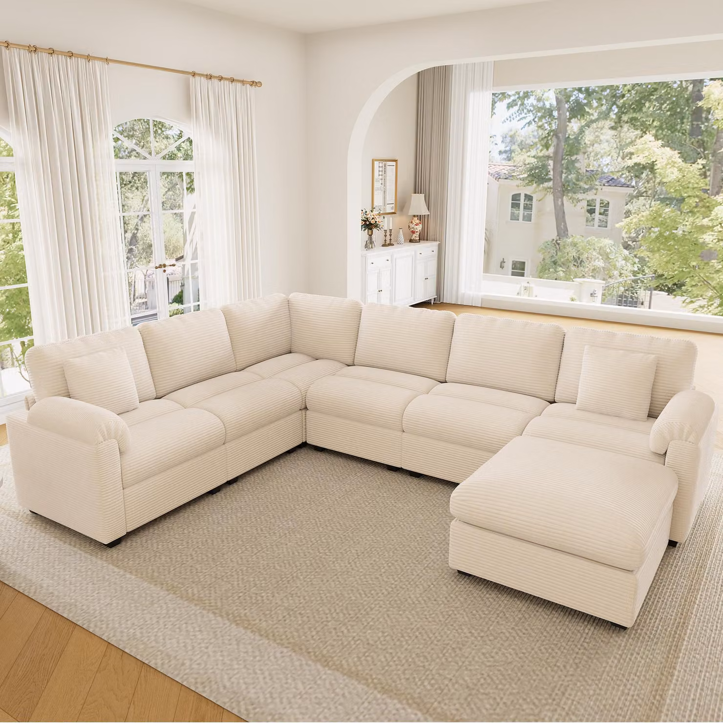 Divano modulare a U Merax XXL, divano ad angolo a L con pouf, salotto a 7 posti, divano in velluto a coste con cuscini, grande divano per famiglie, divano, beige