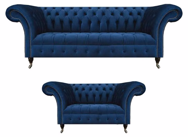 Edle Chesterfield Sofagarnitur Designer Blauer Dreisitzer Polster 2-er