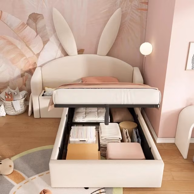 Letto imbottito Mivray con contenitore idraulico e comodino reversibile in velluto beige L/P: 90 x 200 cm