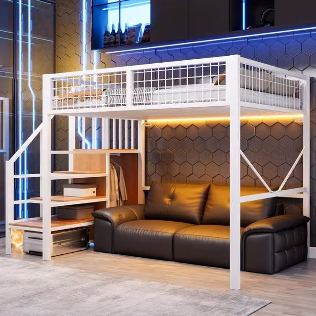 Letto a soppalco in metallo 140x200 cm, bianco, con scala, spazio contenitore, illuminazione LED e ringhiera di sicurezza in griglia metallica