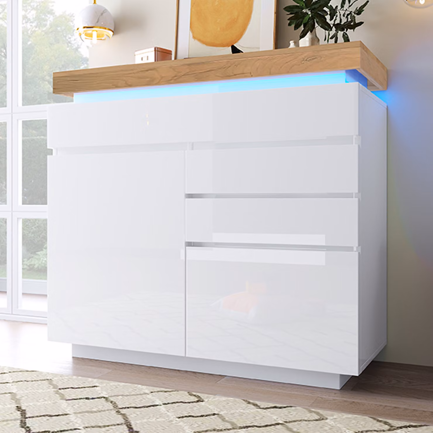 MODFU Armadio da cucina con 2 ante e 3 cassetti e illuminazione a LED (controllo tramite app), Armadio per soggiorno, Camera da letto, Armadio multifunzionale, Bianco