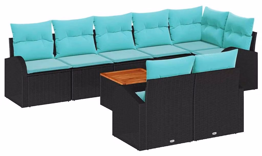 Set da giardino composto da 9 pezzi, in rattan sintetico nero e turchese