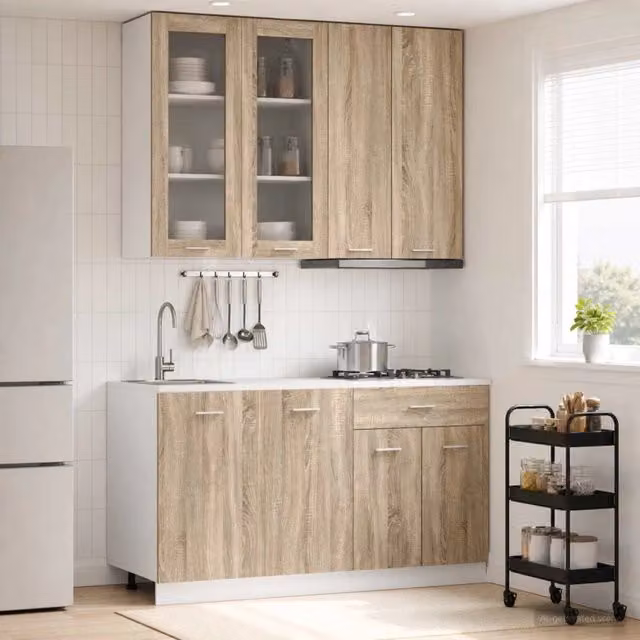 Unità cucina moderna vidaXL in legno color rovere con ante in vetro, 4 pezzi, marrone, L/P/H: 100 x 46 x 80 cm – 1
