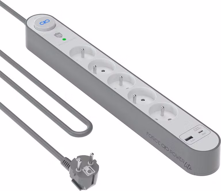 Force Power, protezione contro le sovratensioni 5 volte tipo E 800J con USB-A/USB-C 1,5 m, argento