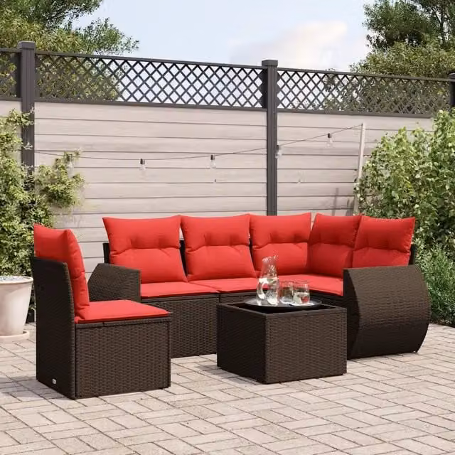 Set da giardino vidaXL in polyrattan marrone con cuscini e tavolino da esterno a forma di U per 6 persone