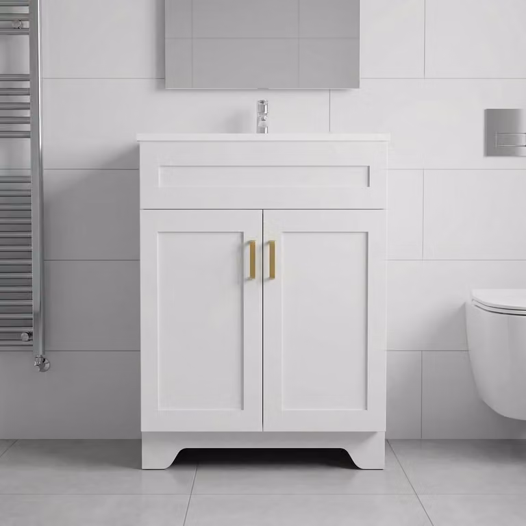 Lavabo con mobile sottolavabo da 60 cm, colore bianco, in Vetroceramica, con ante a chiusura ammortizzata