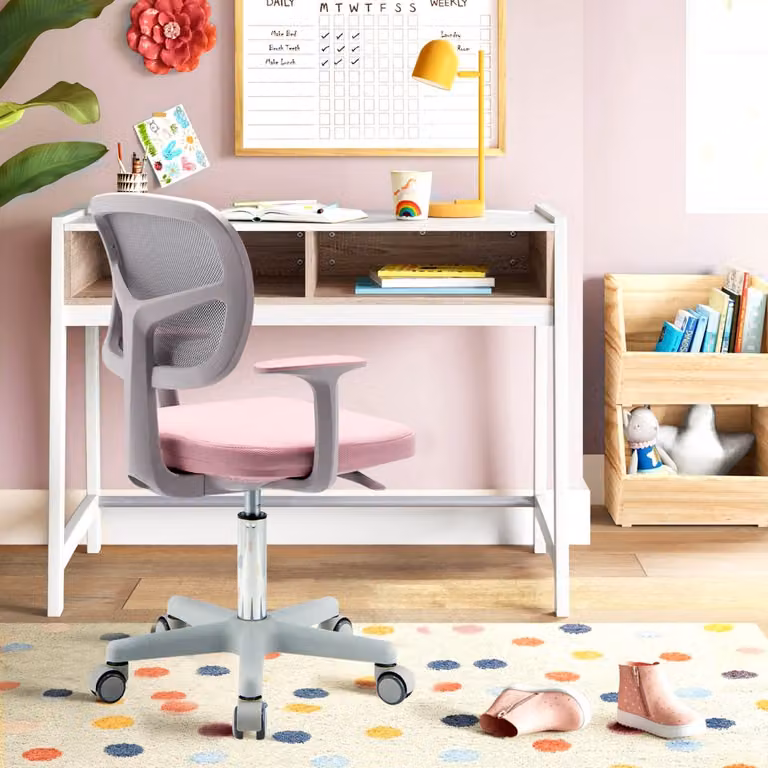 Sedia da scrivania girevole per bambini Costway, sedile regolabile in tessuto rosa con ruote