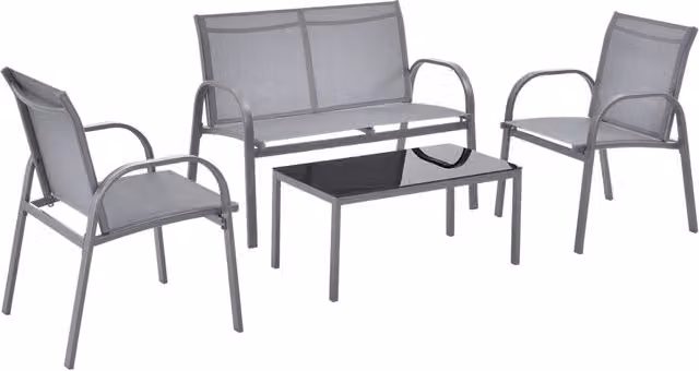Set di Mobili da Giardino Fino a 4 Posti di Seduta Arredo Esterno Set Composto di 1 Divano e 2 Sedie con Braccioli e 1 Tavolino Basso con Piano in Vetro - Grigio Chiaro