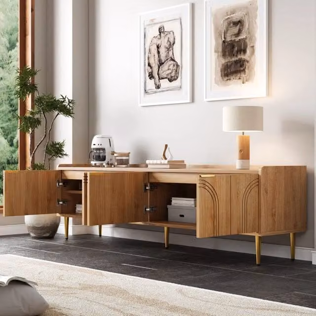 Mobile TV Mivray con ante scolpite 3D e passacavi, maniglie e piedi in metallo dorato, in MDF beige e marrone, L: 170 cm, P: 35 cm, H: 47.5 cm