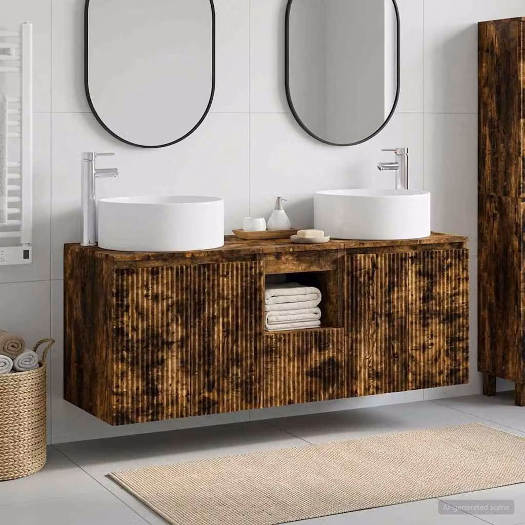 Set di 3 mobili da bagno moderni vidaXL in legno color rovere fumo, comprensivo di mobile lavabo e pensili, L/P/H: 49,5 x 44,5 x 65,5 cm