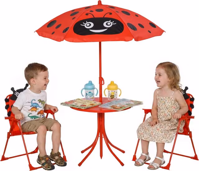 Set Tavolo da Giardino per Bambini Outsunny con 2 Sedie Pieghevoli e Ombrellone in Metallo e Poliestere, Rosso con Animal Print