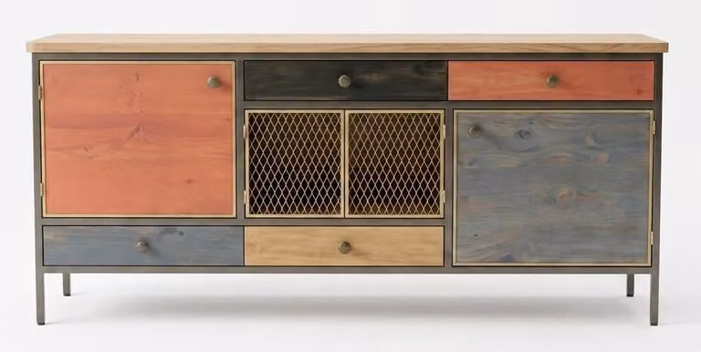 Mobile TV in legno e metallo, design industriale, colori vivaci, stile rustico, credenza, armadio, vintage