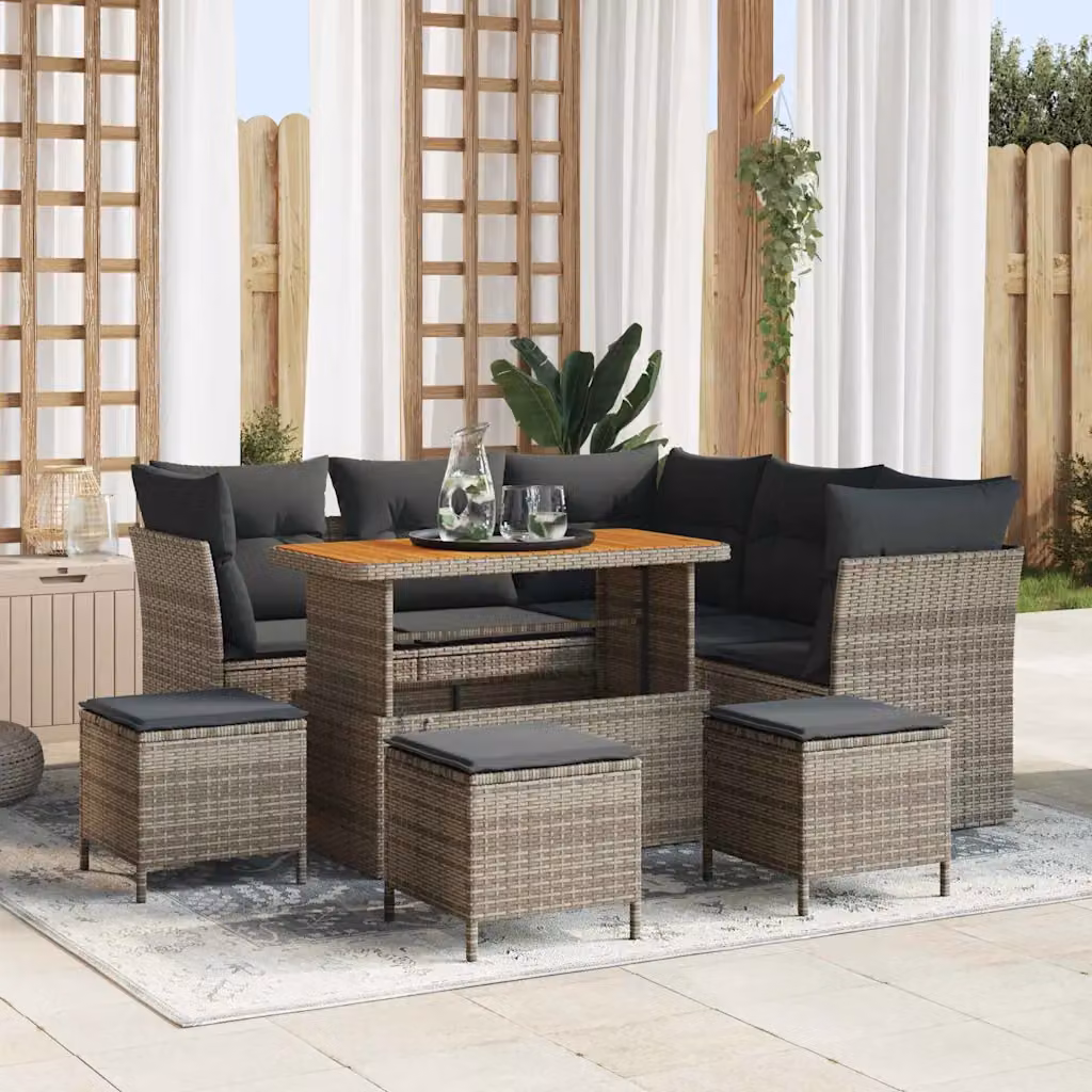 Set Divano da Giardino vidaXL a Forma di L con 9 Pezzi, Grigio, con Cuscini e Tavolino da Esterno – 1