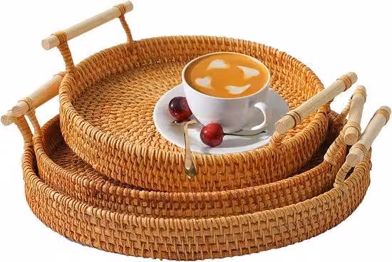 Set di 3 vassoi rotondi - stuoie in rattan intrecciate a mano