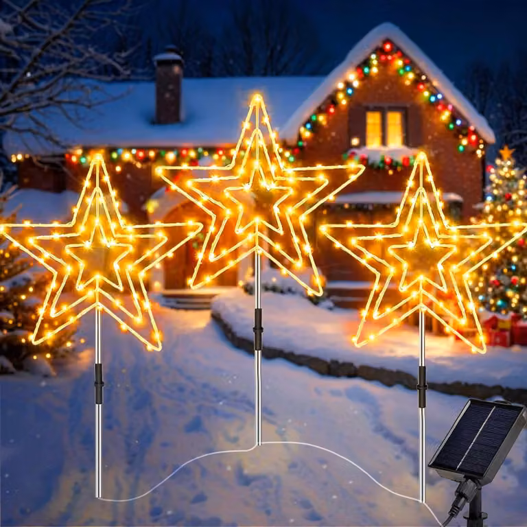 Set di 3 candele decorative solari, 225 LED, luce bianco caldo, con telecomando, in metallo
