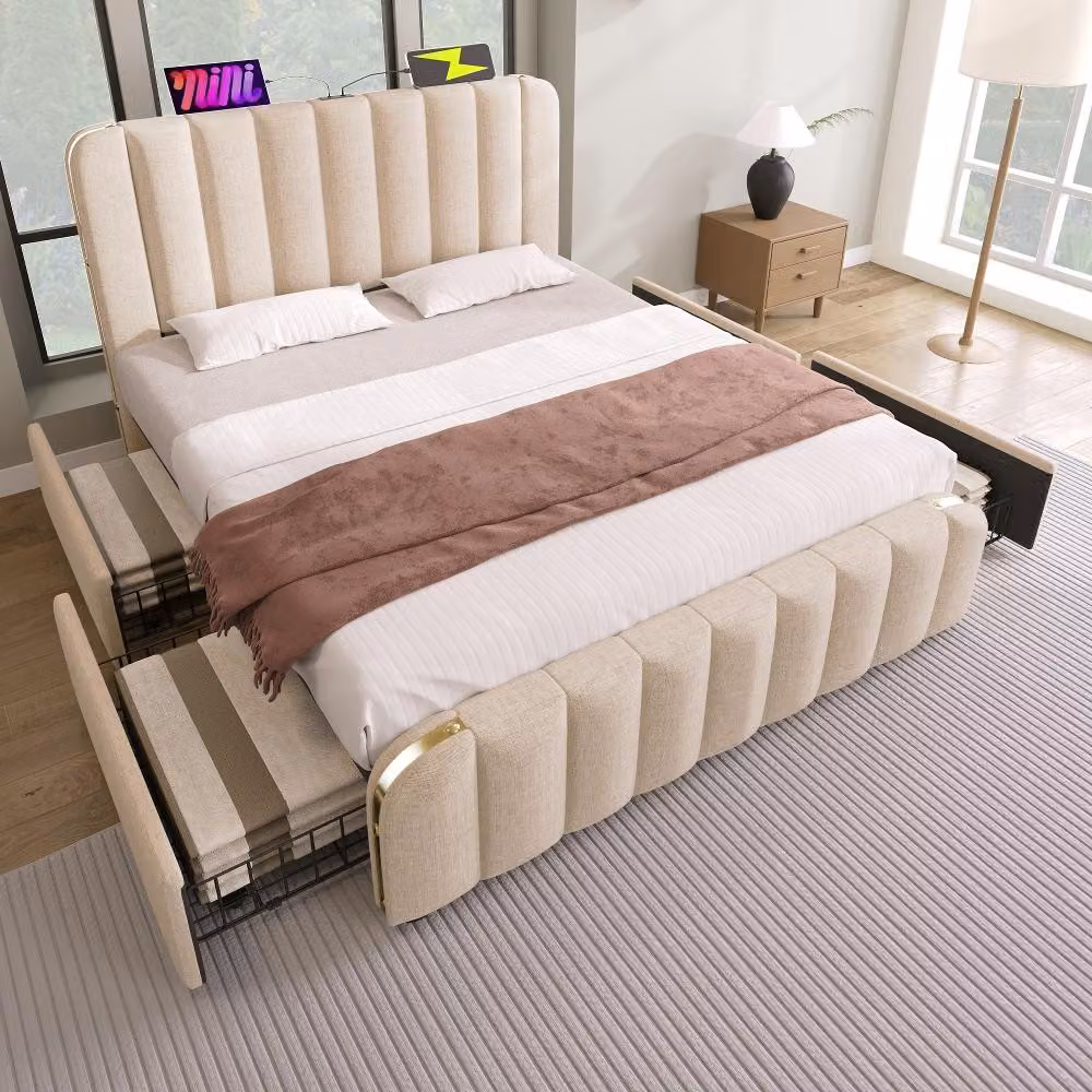 Letto imbottito 160x200 cm, color beige, con 4 cassetti, funzione di ricarica USB e di tipo C, rivestito in lino, con testiera imbottita e decorazioni dorate