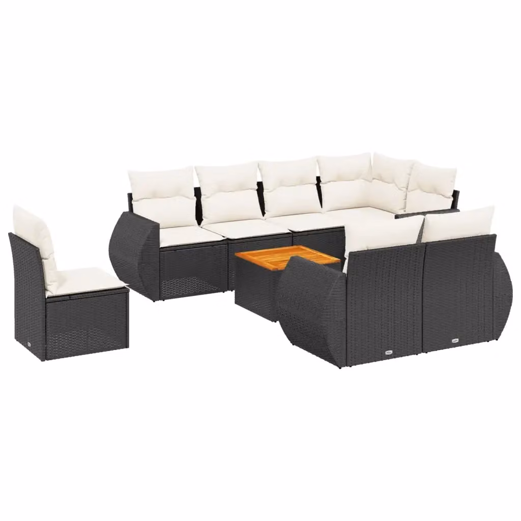 Set di divani da giardino vidaXL 9 pezzi con cuscini e tavolino da esterno nero in polyrattan e struttura in acciaio con legno di acacia – 2