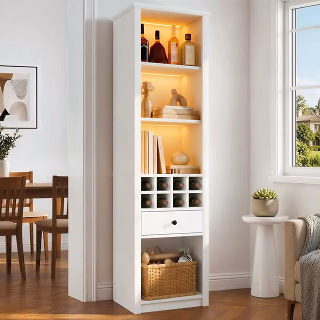 Vetrina 55x40x200 cm bianca con illuminazione LED, 1 cassetto e 12 scomparti. Mobile alto per libri, collezioni e vino. Per soggiorno, cucina, sala da pranzo e ufficio