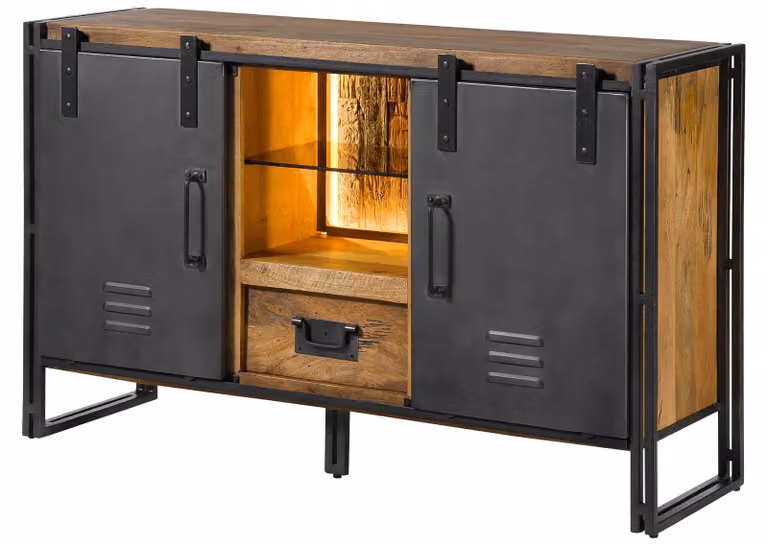 MASSIVMOEBEL24 | Credenza in legno di Mango / Legno riciclato 150x45x90 Laccato naturale / ferro grigio BLACKBURN LUX #411