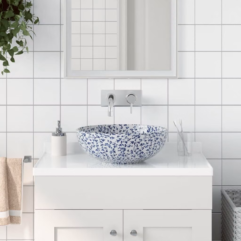 Lavabo da appoggio rotondo vidaXL in ceramica bianco e blu Diametro: 41 cm, Altezza: 14 cm