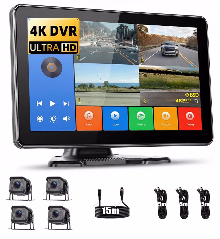 Telecamera per retromarcia con 4 telecamere cablate, schermo IPS da 10,1 pollici, registrazione DVR 4K, grado di impermeabilità IP68